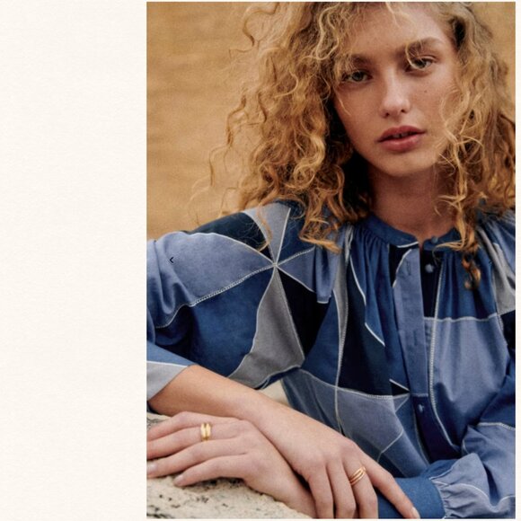 NWT Sezane Blue Geometric Patchwork Button Down Lealys Shirt 100% Cotton - Picture 5 of 12